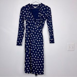 Boden Navy Blue Ditsy Floral Jersey Knit Wrap Long-sleeve Shirt Dress